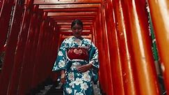 Japan, woman and face in kimono in shinto temple and religion ceremony and walking on stairs