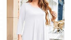 LARACE 3/4 Sleeve Shirts for Women Plus Size Tunic Dressy Top Loose Fit Flare T-Shirt White 1X