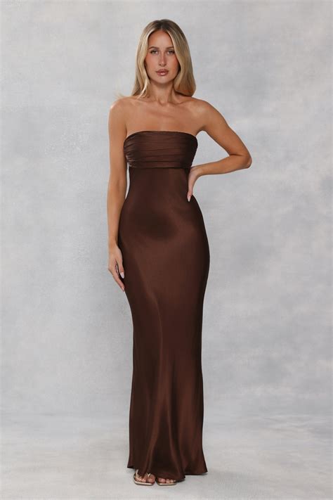 The Seraphina Strapless Satin Maxi Dress Chocolate Brown | Hello Molly AU