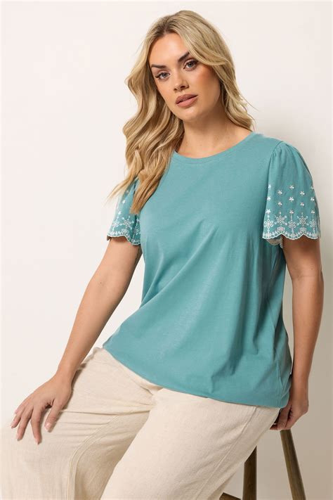 YOURS Plus Size Green Embroidered Sleeve T-Shirt | Yours Clothing