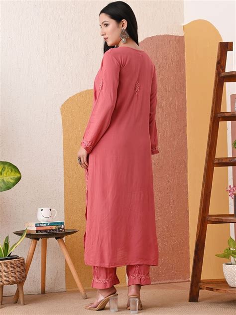 Buy Karicraft Modal Chikankari Self Embroidered Kurta Set Rust - Kurta ...