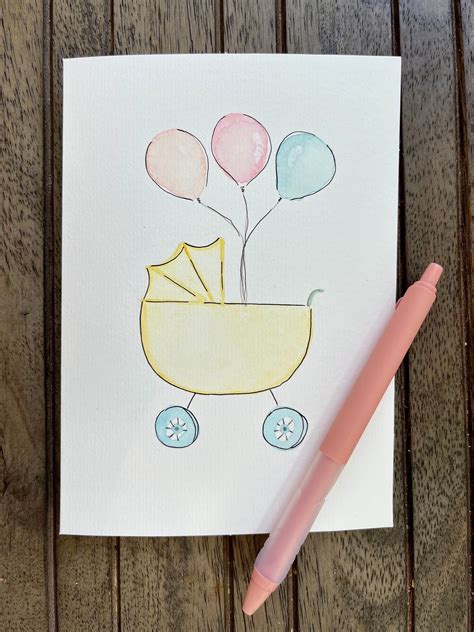 Hand Painted Watercolor New Baby Card: Bassinet & Balloons - Etsy ...