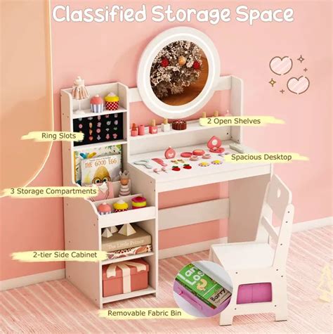 Kids Vanity Desk With Mirror And Lights Princess Pretend Play Dressing ...