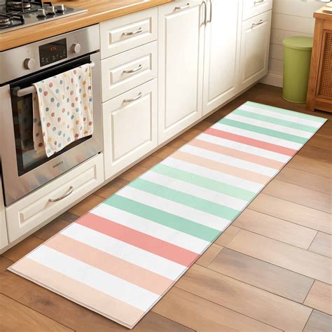 2x6 Kitchen Runner Rug, Coral Cyan Stripe Non-Skid Rubber Backing Large ...
