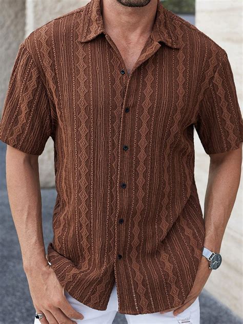 Men's Summer Casual Vacation Knit Texture Embossed Solid Color Coffee Short Sleeve Shirt ...
