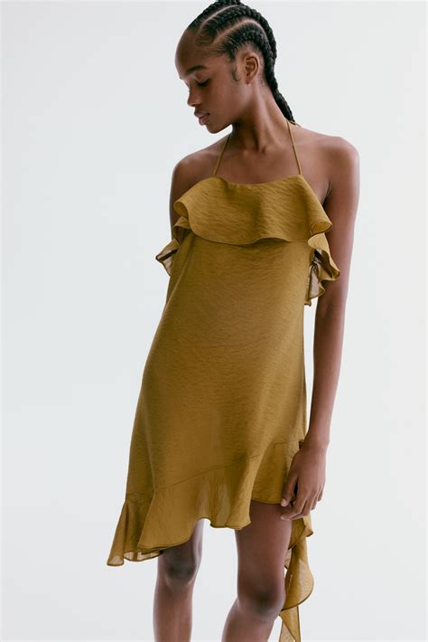 Flounced halterneck dress - Dark khaki green - Ladies | H&M IE