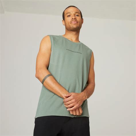 Men's Crew Neck Straight-Cut Cotton Fitness Tank Top 500 - Green With ...