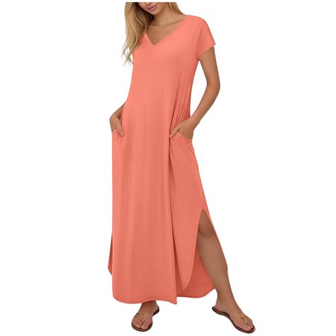DeHolifer Women Maxi Dress Casual Cap Sleeve V-Neck Loose Long Dresses ...
