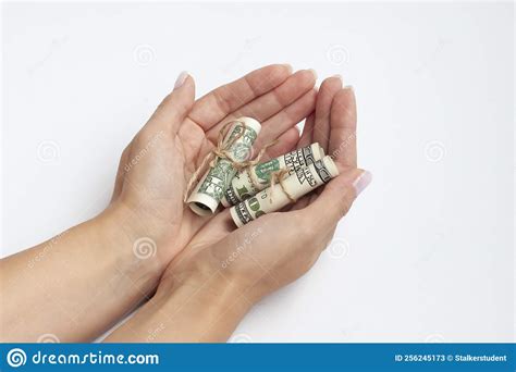 Female Hands Hold Money. Isolated on White. Stock Image - Image of ...
