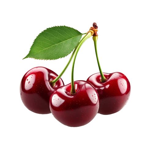Three ripe cherries with green leaves pop against a clean background ...