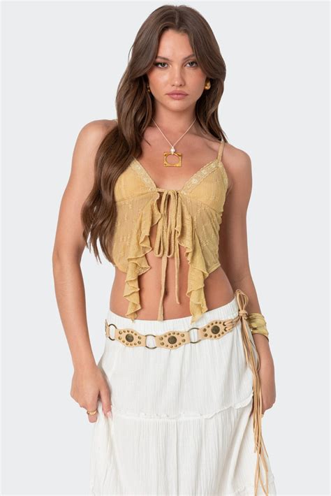 Yola Embroidered Tie Front Top – edikted