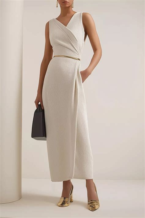 Beige Work Party Dress V Neck Sleeveless Maxi Dress with Pockets in ...