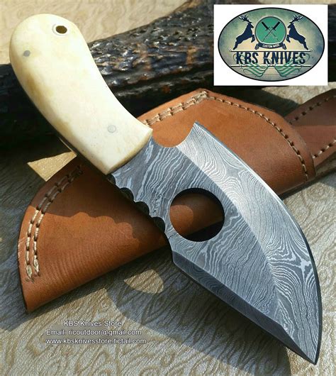 Finger Hole Damascus Skinning Knife - KBS Knives Store