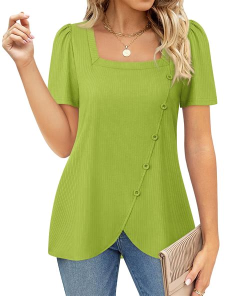 VALOLIA Women's Short Sleeve Tops Square Neck Shirts for Women Buttons ...