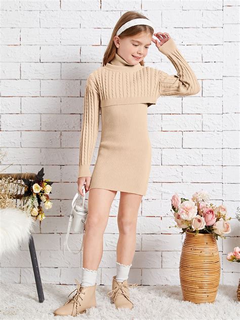 Girls Cable Knit Turtleneck Crop Sweater & Knit Dress | Girl outfits ...