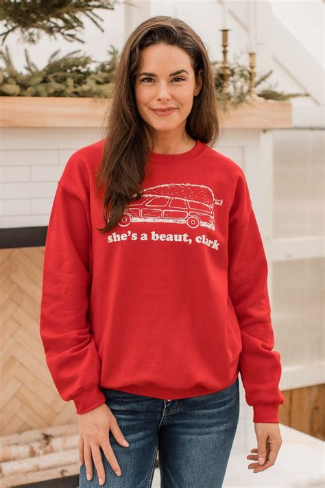 "She's A Beaut, Clark" Graphic Pullover- Red - The Pulse Boutique