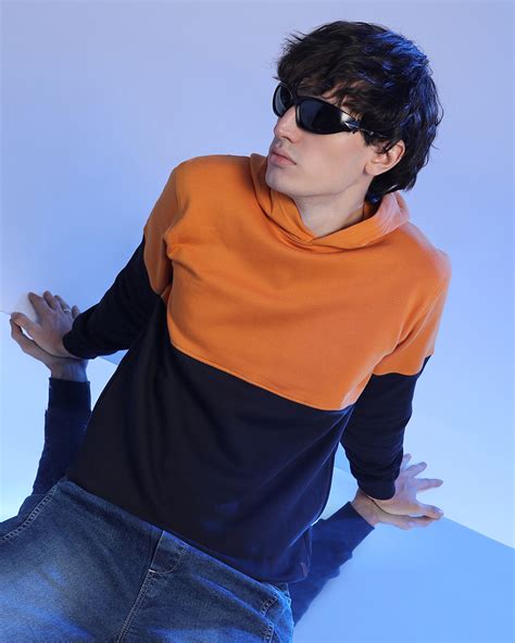 Buy Men's Orange & Onyx Black Color Block Hoodies Online at Bewakoof