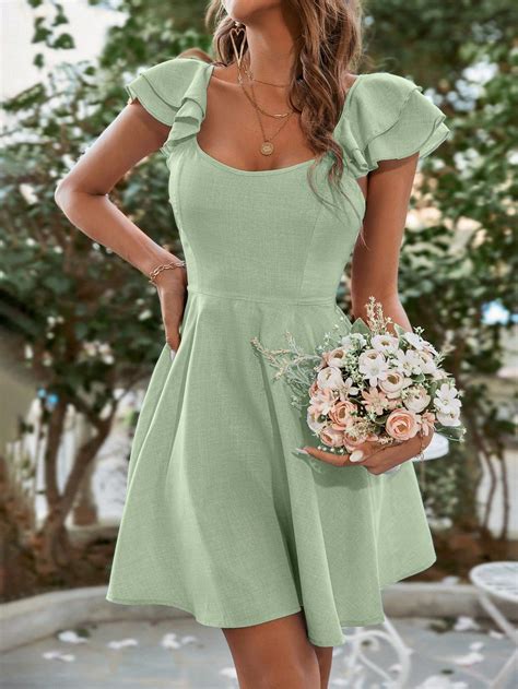 Solid Ruffle Trim A-line Dress | Green dress casual, Cute dress outfits ...