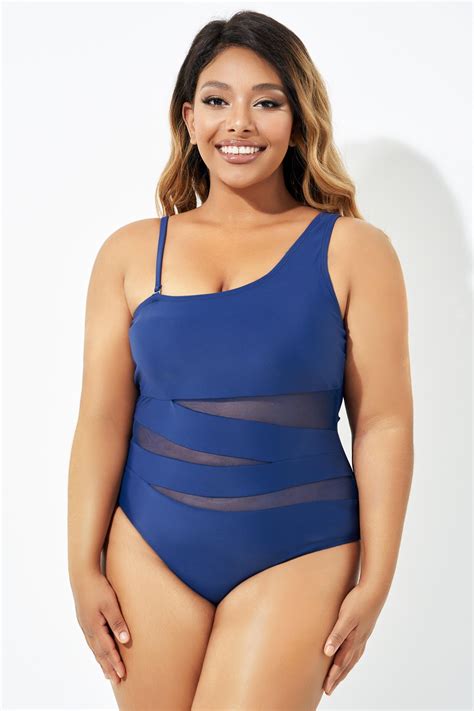 Navy Blue One Shoulder Mesh One Piece Swimsuit - Meet.Curve - Meet.Curve