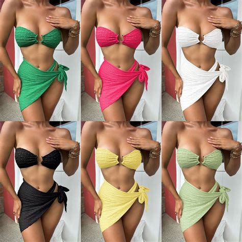 Women Swimsuit Solid Color Bandeau Dot Textile Three Piece Bikini Set ...