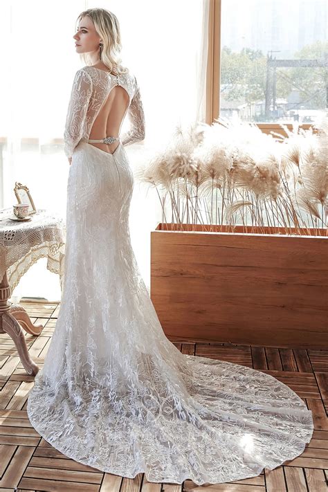 Charming Illusion Lace Long Sleeve Open Back Bridal Dress - VQ