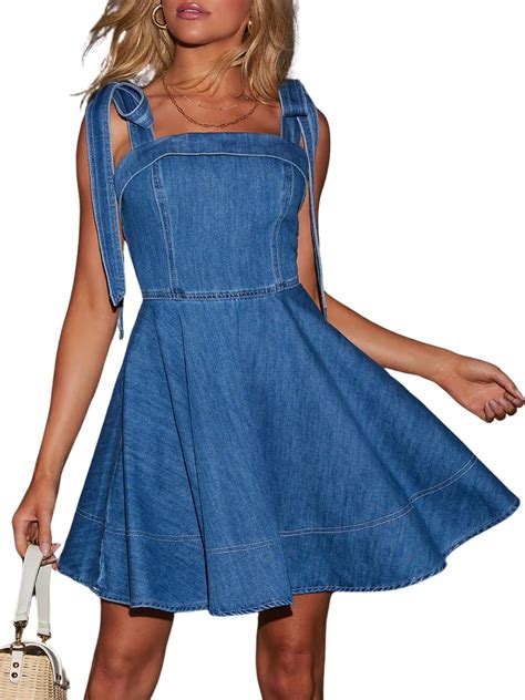 Women's Summer Tie Shoulder Sleeveless Denim Mini Dress Ruffle A Line ...
