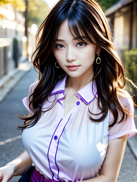 A close up of a woman in a white shirt and purple skirt - SeaArt AI