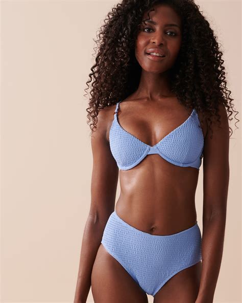 SMOCKED TEXTURED High Waist Cheeky Bikini Bottom - Bright Pastel Blue ...