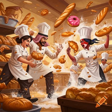 Bakers in a kitchen throwing bread and flour at each other during a ...