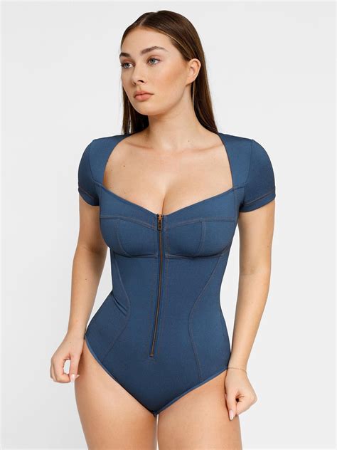 Shapewear Denim Short Sleeve Zip Front Slimming Bodysuit – Popilush®