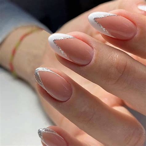 French Manicure With White Glitter