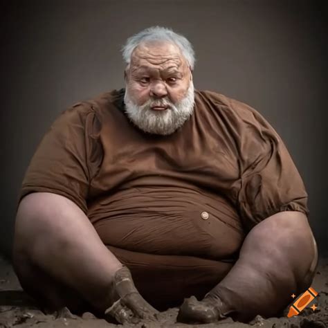 Fat old obese man bearded grandpa brown leather sitting in mud on Craiyon