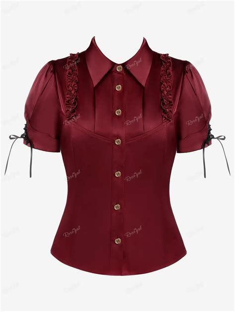 ROSEGAL-Plus-Size-Gothic-Frilled-Lace-up-Silky-Shirt-Deep-Red-Blouses ...