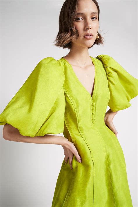 Dusk Puff Sleeve Midi Dress - 12 / CHARTREUSE GREEN | Puff sleeve midi ...
