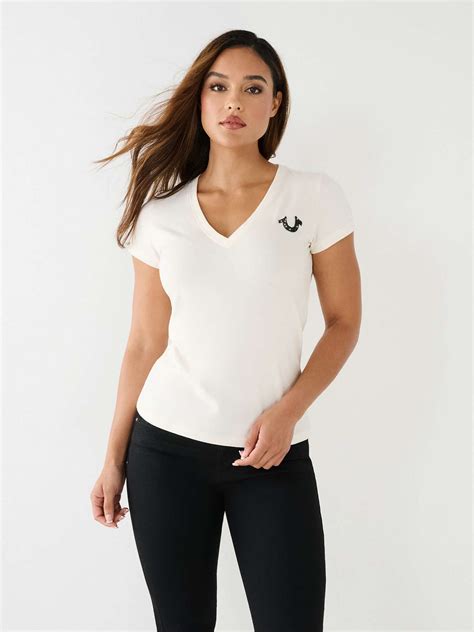 CRYSTAL TRUE RELIGION V NECK LOGO TEE