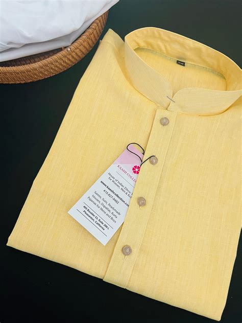 Canary Yellow Color Premium Pure Linen Cotton Kurta Pajama Set for Men ...