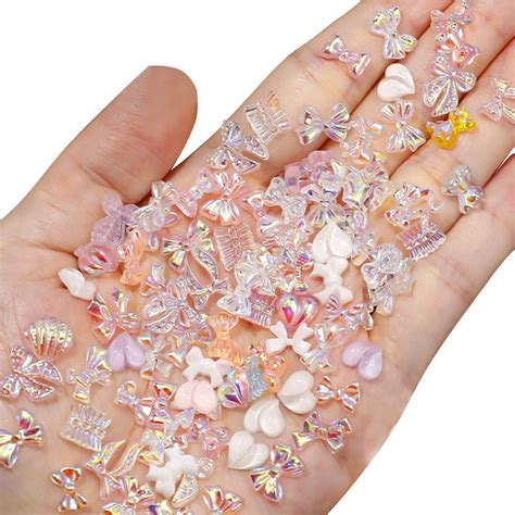 Aurora Bow Nail Charms,100PCS 3D Love Heart Nail Art Bear Nail ...