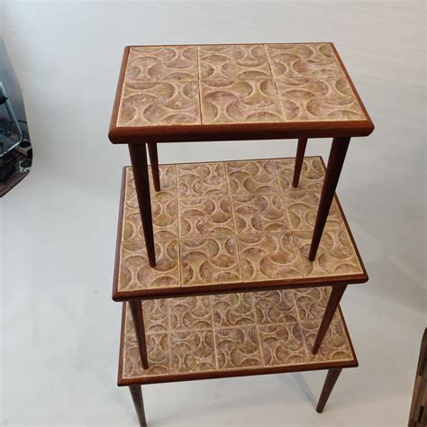Mid-Century Modern Set of Three Teak and Ceramic Tile Nesting Tables ...