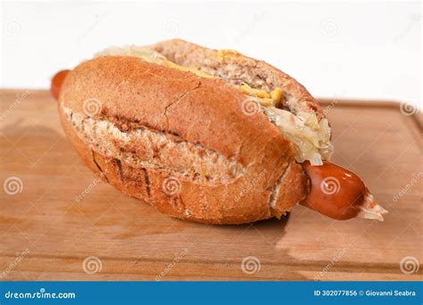 German Hot Dog with Sausage Bread and Sauerkraut Street Food Fast Food ...