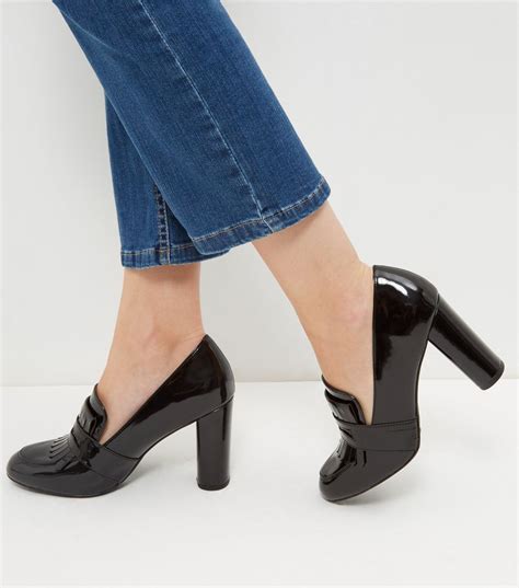 Black Patent Block Heel Loafers | New Look | Shoes women heels, Block ...