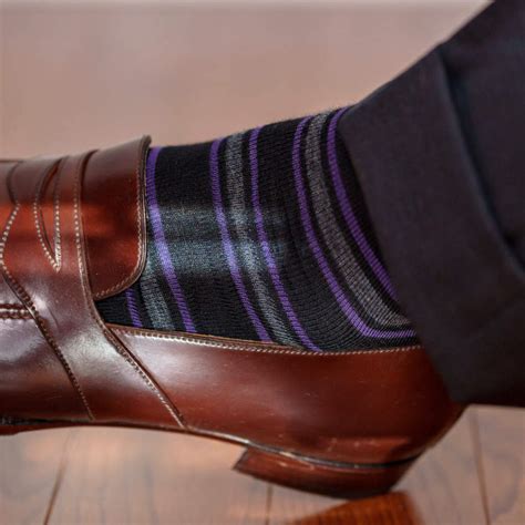 Purple and Grey Stripes on Black Merino Wool Over the Calf Dress Socks ...
