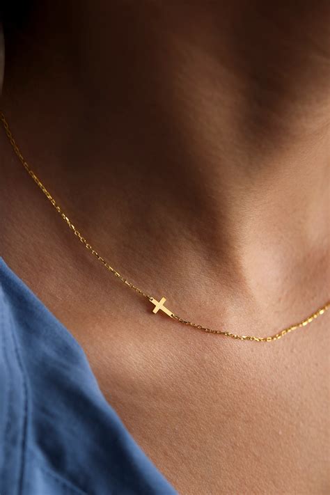 14k Solid Gold Sideways Cross Necklace Gold Cross Necklace - Etsy