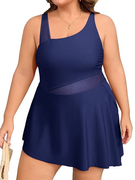 Asoul Plus Size One Piece Swimsuit Swim Dress Mesh Cutout Skirt Bathing ...