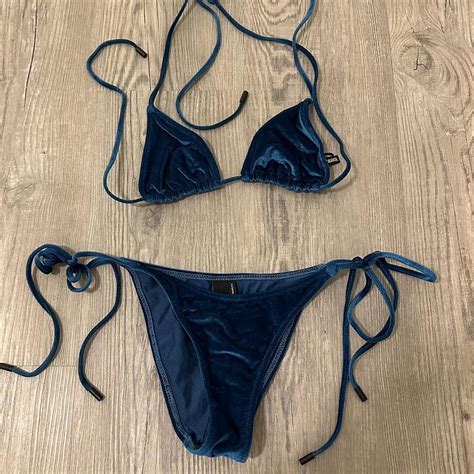 Triangl Navy Blue Velvet bikini! Super cute! Worn... - Depop