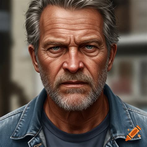 Portrait of an older man with gray hair and beard in a denim jacket. on ...