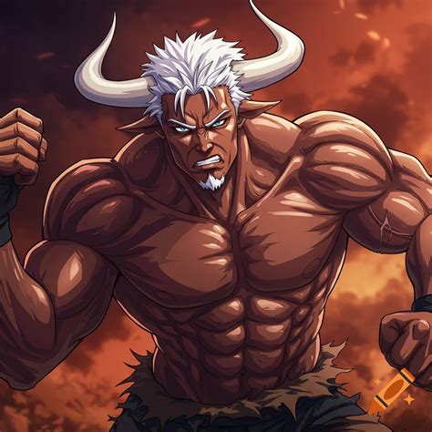 Anime muscular man with bull horns flexing bicep against a fiery sky on ...