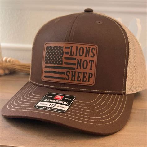 Lions Not Sheep American Flag Leather Patch Hat Brown - VividEditions
