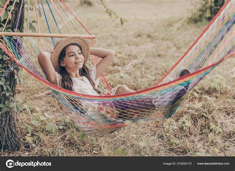 Cute Modern Young Girl Sundress Hat Resting Hammock Park Sunset — Stock Photo © maestro15 #310255172 - nest of happiness ubud