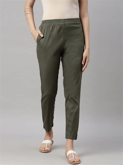 Buy GOLDSTROMS Women Olive Green Cotton Cigarette Trousers - Trousers ...