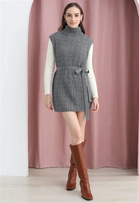 Turtleneck Cable Knit Sleeveless Sweater Dress in Grey - Retro, Indie ...